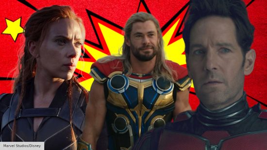 Scarlett Johansson as Natasha Romanoff in Black Widow, Chris Hemsworth as Thor in Love and Thunder, and Paul Rudd as Scott Lang in Ant-Man 3