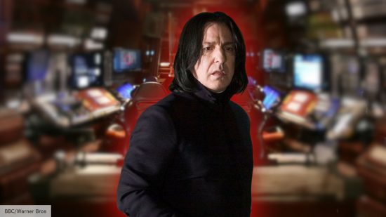 Alan Rickman as Severus Snape in Harry Potter, against a Red Dwarf backdrop