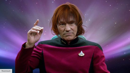 Patrick Stewart as Jean-Luc Picard in Star Trek, but with a ladies wig on