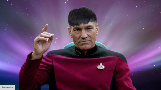 Patrick Stewart as Jean-Luc Picard, but with a men's hairpiece on his head