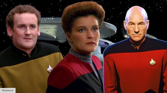 Colm Meaney as Miles O'Brien, Kathryn Mulgrew as Kathryn Janeway, and Patrick Stewart as Jean-Luc Picard in front of the USS Enterprise in Star Trek