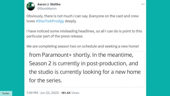 Star Trek Prodigy season 2 release date - Aaron Waltke tweet