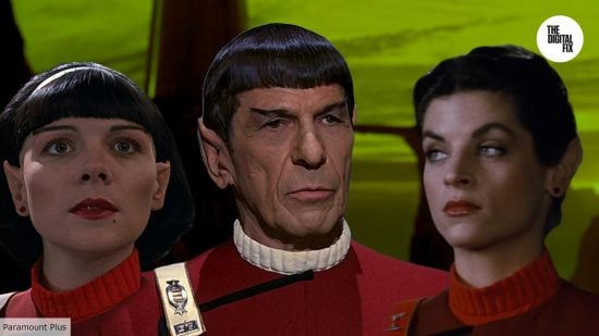 Star Trek Vulcans explained: Spock, Valeris, and Saavik with Vulcan planet in the background