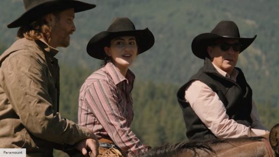 Kayce Dutton, Clara, and John Dutton in Yellowstone season 5 episode 6