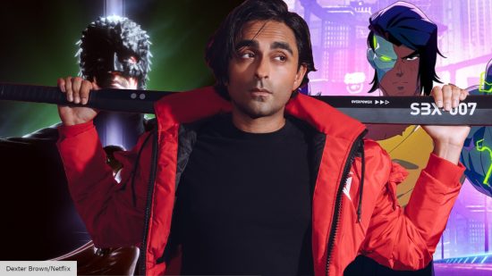 Adi Shankar in front of The Guardians of Justice and Captain Laserhawk