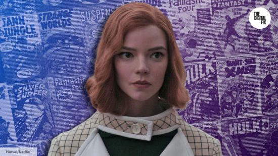 Anya Taylor-Joy in The Queen's Gambit, with various Marvel comics