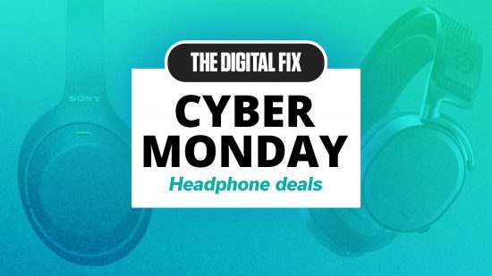 Cyber Monday headphone deals written on a box in front of headsets.