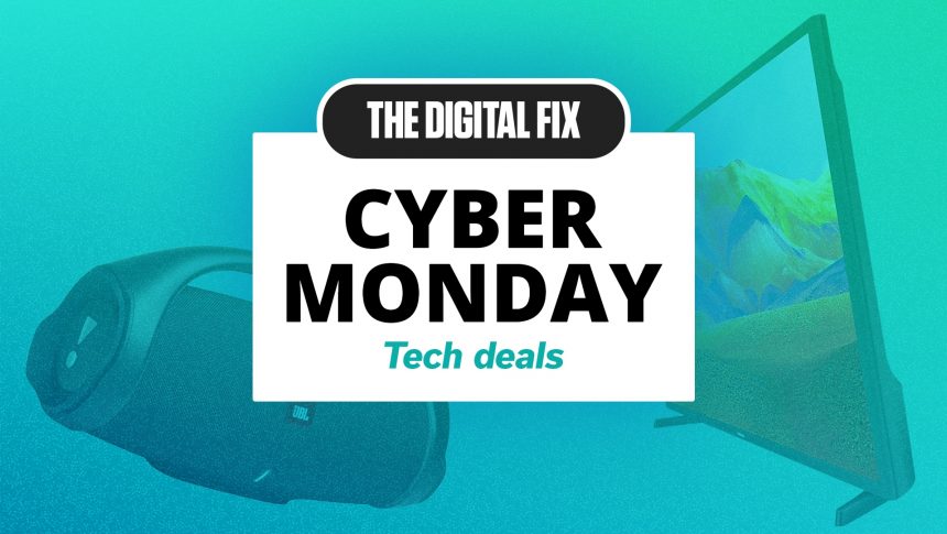 Text reads "The Digital Fix Cyber Monday Tech Deals" and shows several pieces of hardware in the background.