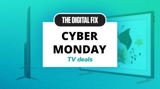 Cyber Monday TV deals written on a tile in front of a picture of TVs.