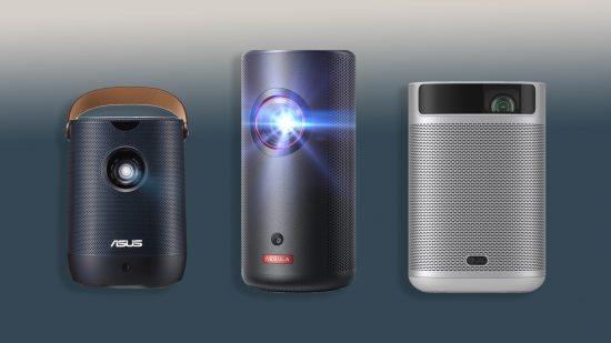 Three of the best portable projectors against a blue gradient background