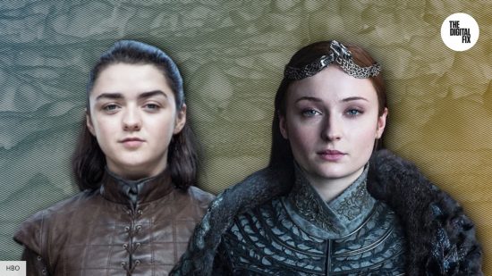 Maisie Williams as Arya Stark and Sophie Turner as Sansa Stark in Game of Thrones