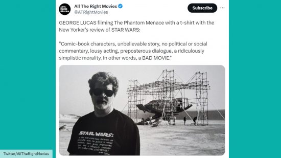 George Lucas wore a shirt with a negative review of the first Star Wars movie