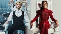 How is A Ballad of Songbirds and Snakes connected to The Hunger Games? Jennifer Lawrence as Katniss Everdeen and Tom Blyth as Coriolanus Snow
