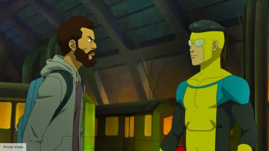 Invincible season 2 episode 2 release date: Angstrom and Mark glaring at each other in Invincible season 2 episode 1