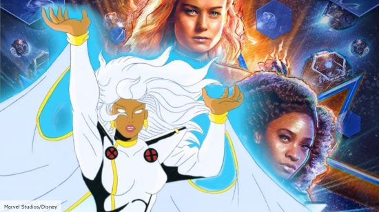 Storm standing in front of The Marvels poster