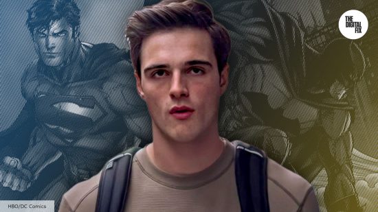 Jacob Elordi as Nate in Euphoria, with Superman and Batman behind him