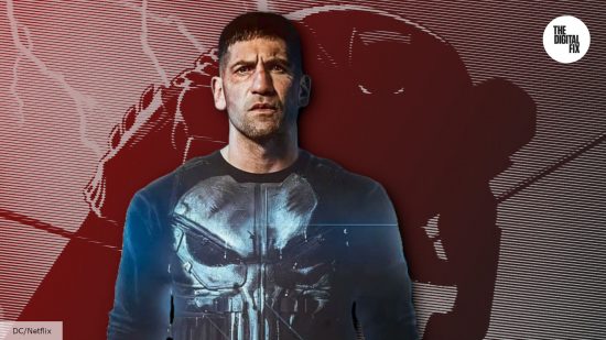 Jon Bernthal in The Punisher, with Batman from The Dark Knight Returns behind him
