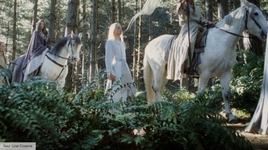Arwen riding a white horse on the last march of Elves in Lord of the Rings