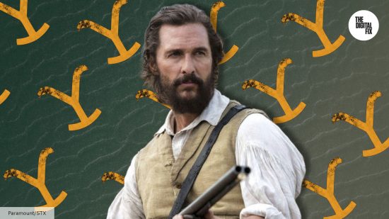 Matthew McConaughey in Free State of Jones, against a background of the Yellowstone logo