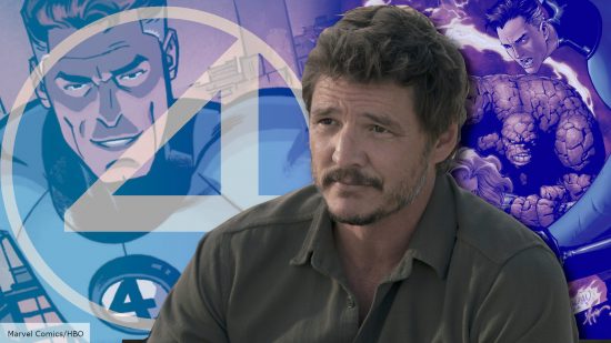 Pedro Pascal as Joel in The Last of Us, with Reed Richards in the background from Fantastic Four comics