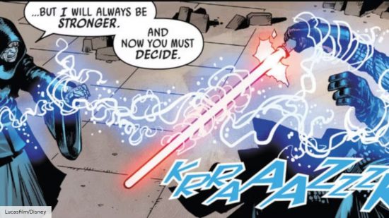 Emperor Palpatine using force lightning on Darth Vader in Star Wars