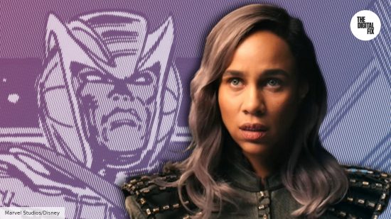 Zawe Ashton as Dar-Benn in The Marvels, with the comic book version of Dar-Benn in the background
