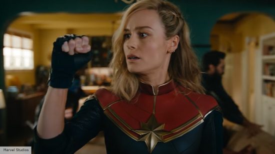 Brie Larson as Carol Danvers in The Marvels uses her powers