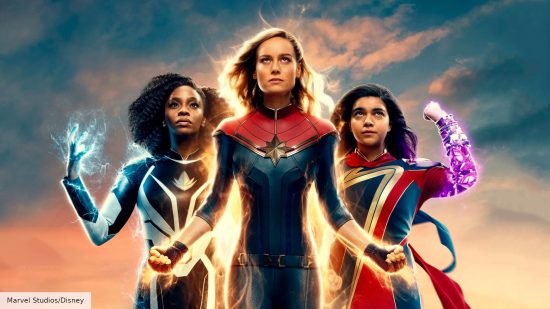 How to watch The Marvels: Iman Vellani, Brie Larson, and Teyonah Parris as Ms Marvel, Captain Marvel, and Monica