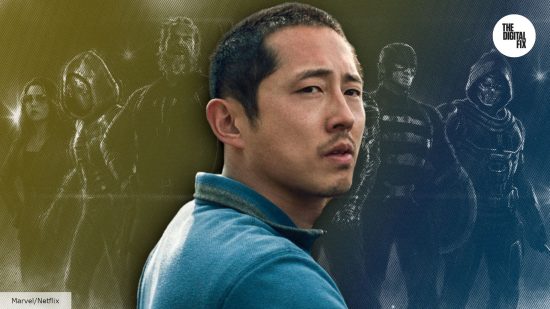 Steven Yeun in Beef, with the Thunderbolts behind him