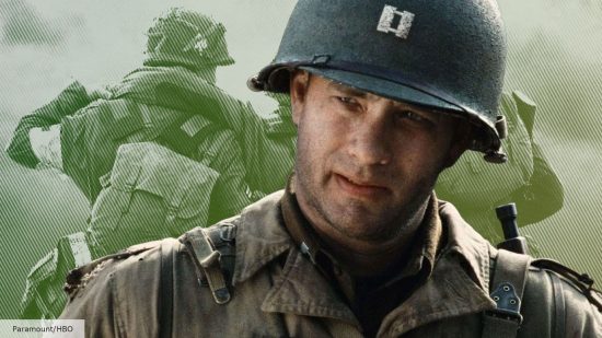 Tom Hanks in Saving Private Ryan, with Band of Brothers in the background