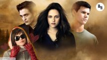 Kristen Stewart as Bella Swan, Robert Pattinson as Edward Cullen, and Taylor Lautner as Jacob Black in Twilight New Moon