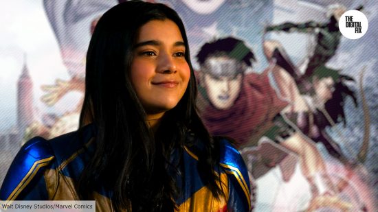 Iman Vellani as Kamala Khan in The Marvels with Young Avengers in background