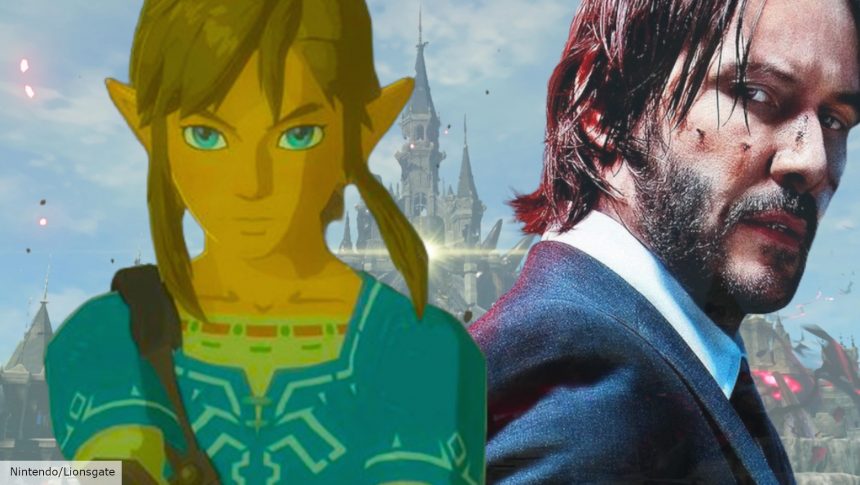 Zelda movie: Link and John Wick standing in front of a castle in Hyrule