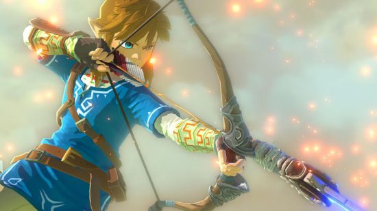 Link from The Legend of Zelda up in the air shooting a bow and arrow 
