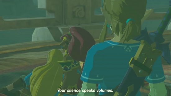 A screenshot of Breathe of the Wild with Link looking at two women 