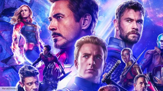 A close-up on the poster of 2019's Avengers Endgame with Iron Man, Captain America, and Thor looking out into the distance