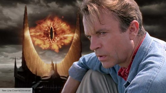 Sam Neill in front of the eye of Sauron in Lord of the Rings
