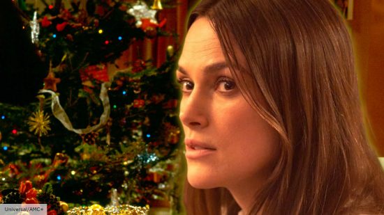 Keira Knightley in Silent Night in front of a Christmas tree from Love Actually