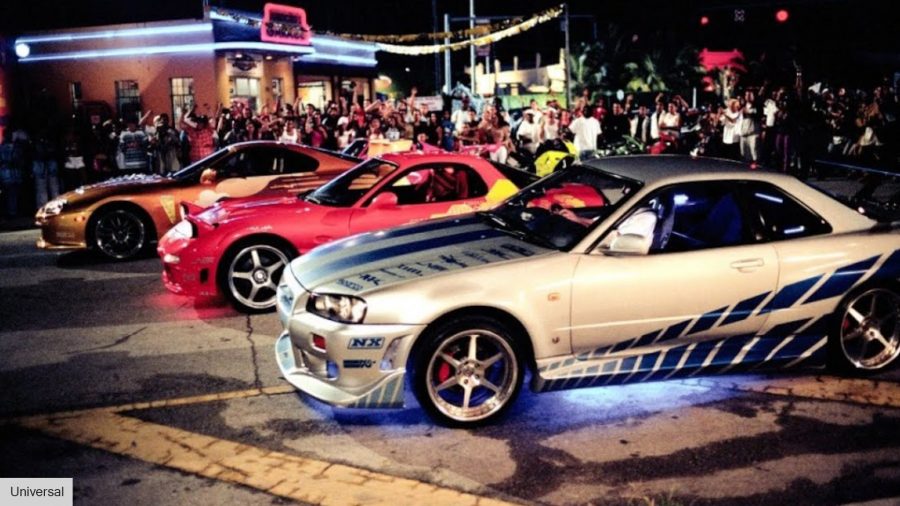 Fast and Furious movies in order: Suped up cars at the starting line of a drag race