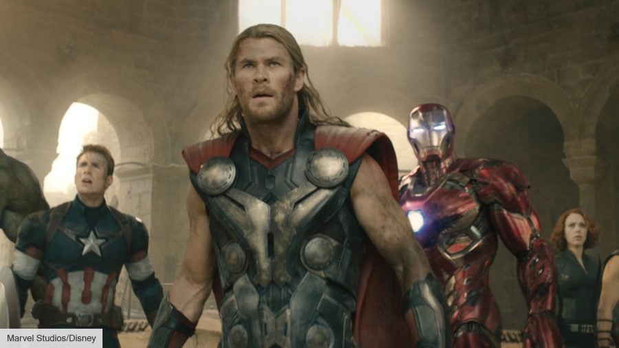Marvel movies in order: Chris Hemsworth as Thor with Robert Downey Jr's Iron Man in Avengers: Age of Ultron 