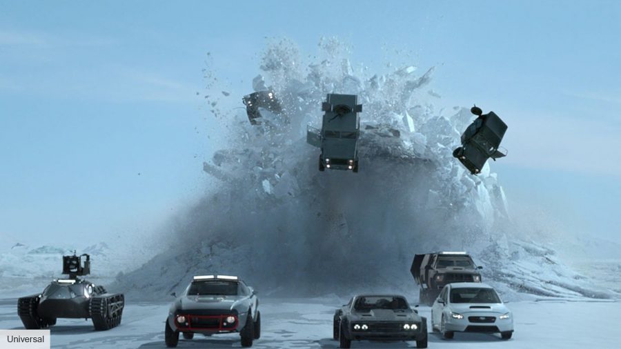 Fast and Furious movies in order: A submarine crashing through the ice, kicking up three of a large group of speeding cars