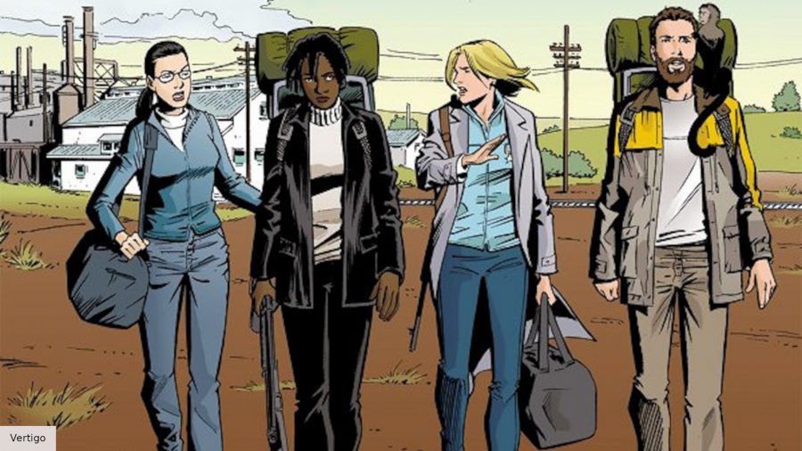 Four characters walking in a rural area during the daytime, from left to right, three women, then Yorick