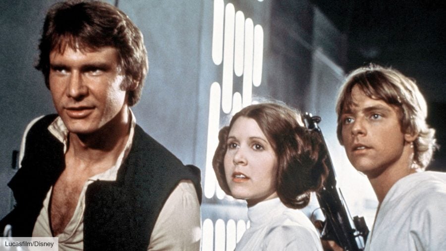 Best adventure movies: Harrison Ford, Carrie Fisher, and Mark Hamill as Han Solo, Princess Leia, and Luke Skywalker in Star Wars: A New Hope