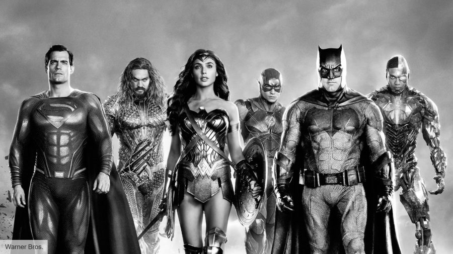 DC movies in order: Henry Cavill, Jason Momoa, Gal Gadot, Ezra Miller, Ben Affleck, and Ray Fisher as the Justice League