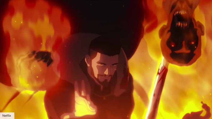 Vesemir surrounded by fire in The Witcher: Nightmare of the Wolf