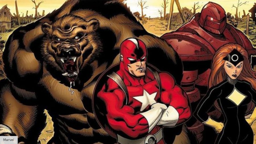 Ursa, in bear form, standing with Red Guardian in the MArvel comics team Vanguard