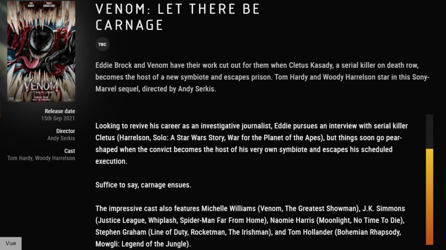 Screenshot of Vue website showing Venom 2 spoilers 