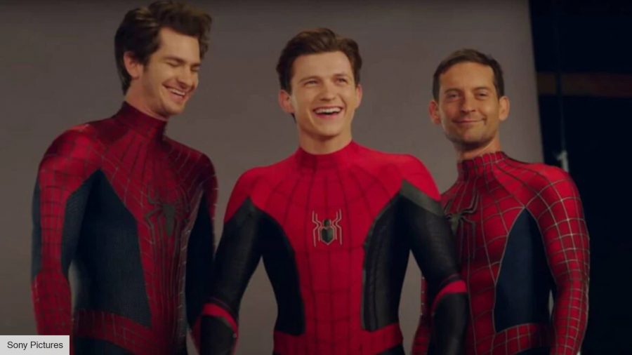 Best Spider-Man actors: Andrew Garfield, Tobey Maguire, and Tom Holland from No Way Home publicity shot