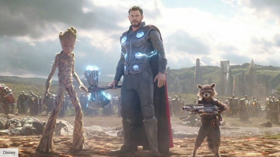 The best Chris Hemsworth movies: Chris Hemsworth as Thor with Groot and Rocket in Avengers Infinity War