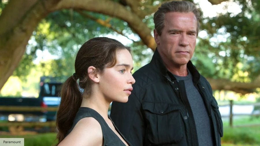 Terminator movies in order: Emilia Clarke and Arnold Schwarzenegger as Sarah Connor and the T-800 in Terminator Genysis